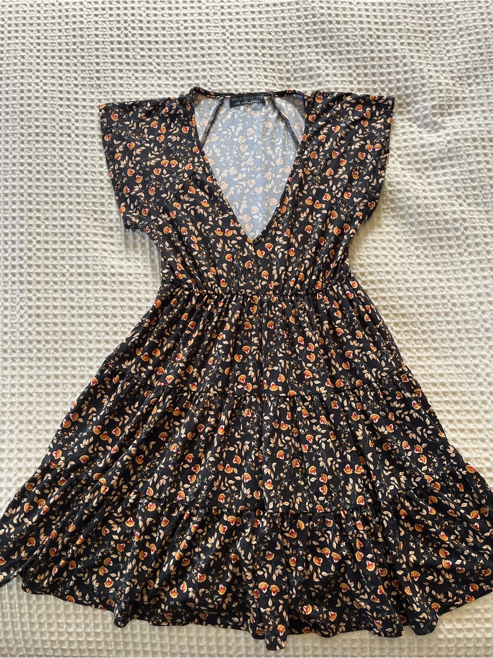 Urban Outfitters Black Floral Midi Dress with Orange Accents